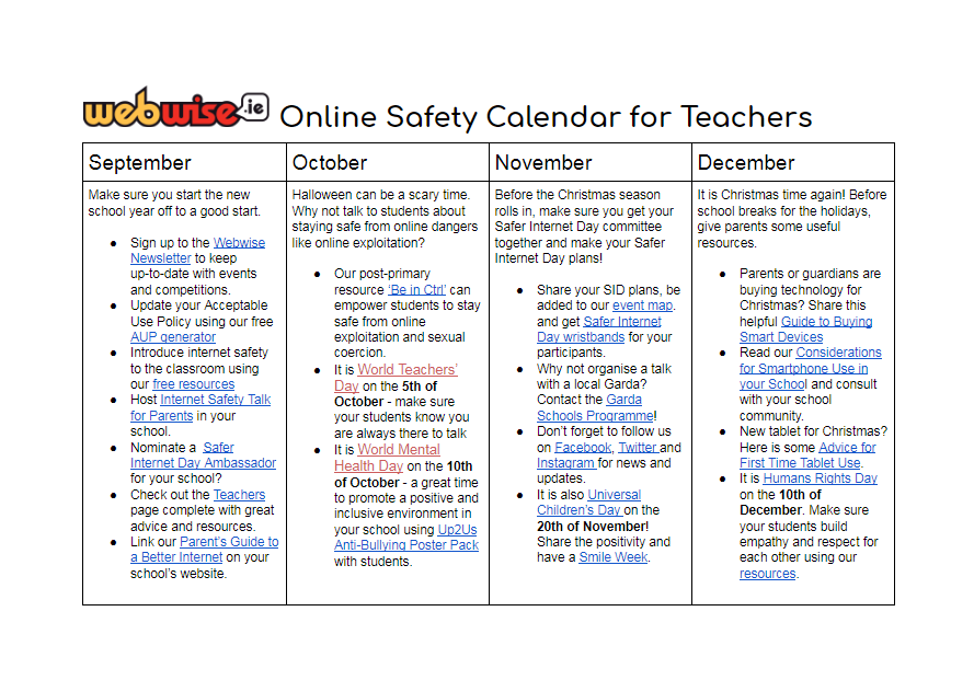 online safety calendar 2018 2019 online calinder