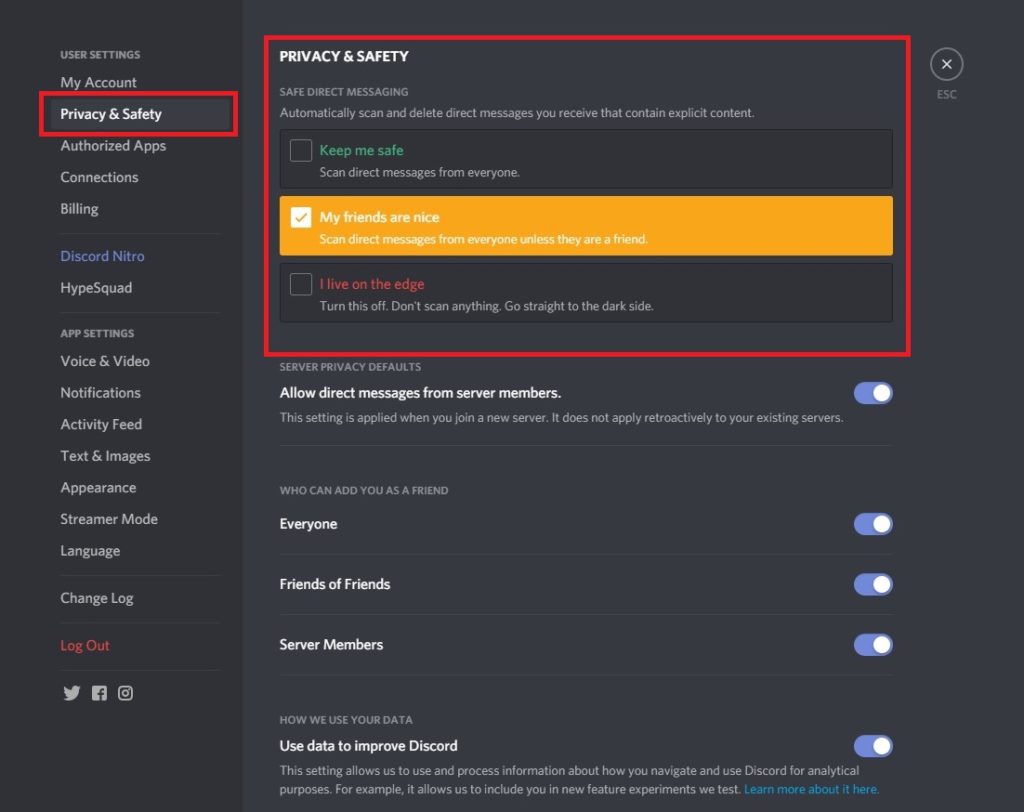 Discord security and privacy settings